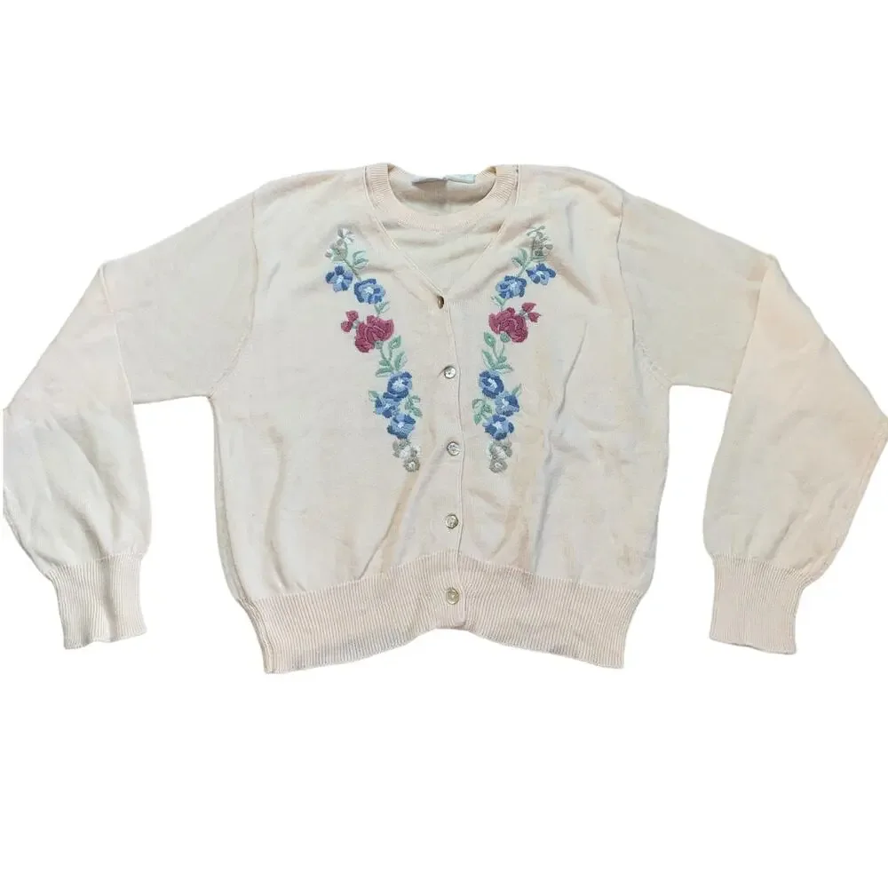 Bobbie Brooks Cream Cottage Core Floral Embroidered Knit Layered Sweater